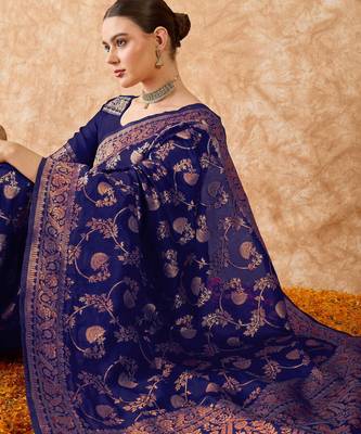 navy blue banarasi art silk saree with royal weaving design  2