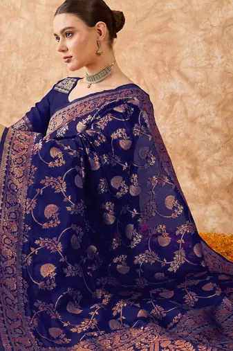 navy blue banarasi art silk saree with royal weaving design 