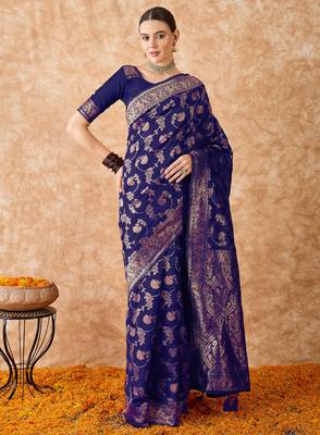 navy blue banarasi art silk saree with royal weaving design  3