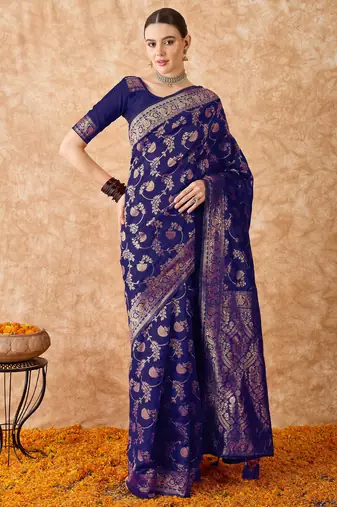navy blue banarasi art silk saree with royal weaving design 