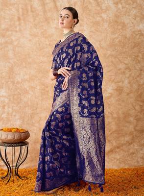 navy blue banarasi art silk saree with royal weaving design  4