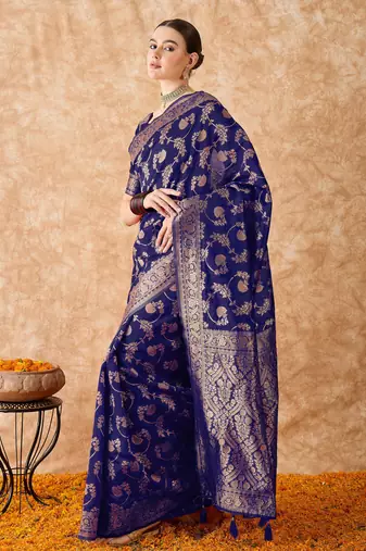 navy blue banarasi art silk saree with royal weaving design 