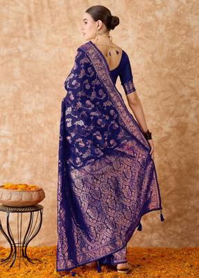 navy blue banarasi art silk saree with royal weaving design  5