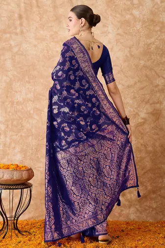 navy blue banarasi art silk saree with royal weaving design 