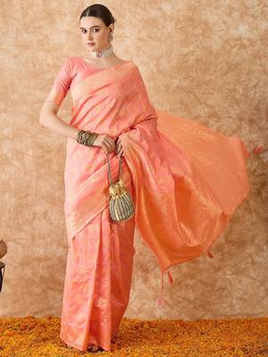 peach banarasi art silk saree for women with graceful weaving  1