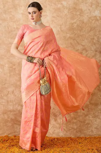 peach banarasi art silk saree for women with graceful weaving 