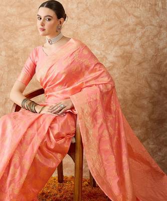 peach banarasi art silk saree for women with graceful weaving  2