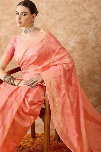 peach banarasi art silk saree for women with graceful weaving 