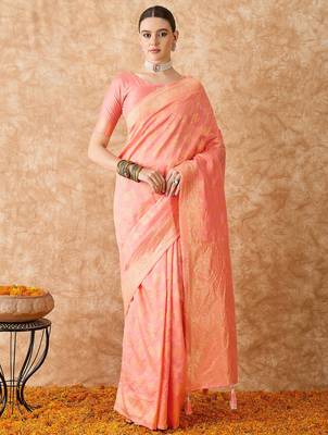 peach banarasi art silk saree for women with graceful weaving  3
