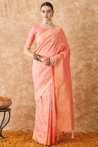peach banarasi art silk saree for women with graceful weaving 
