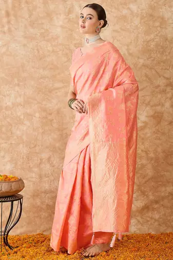peach banarasi art silk saree for women with graceful weaving 