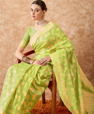 pista green banarasi art silk saree with exclusive weaving work  1