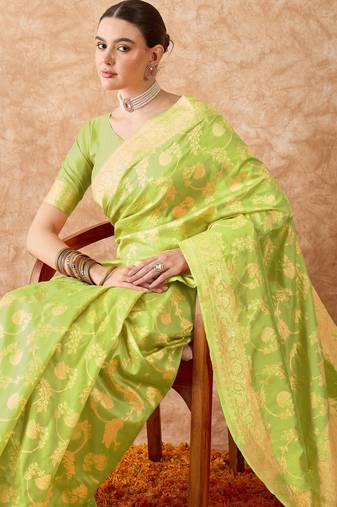 pista green banarasi art silk saree with exclusive weaving work 