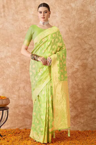 pista green banarasi art silk saree with exclusive weaving work 