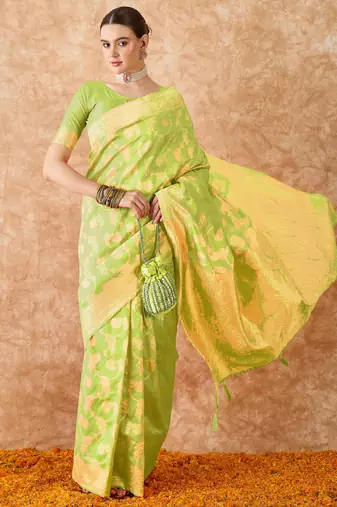 pista green banarasi art silk saree with exclusive weaving work 