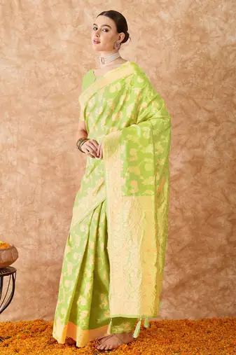 pista green banarasi art silk saree with exclusive weaving work 