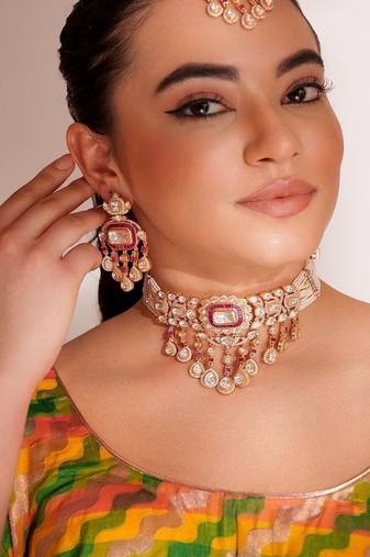 Gold plated red stone kundan necklace set