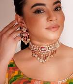 Gold plated red stone kundan necklace set