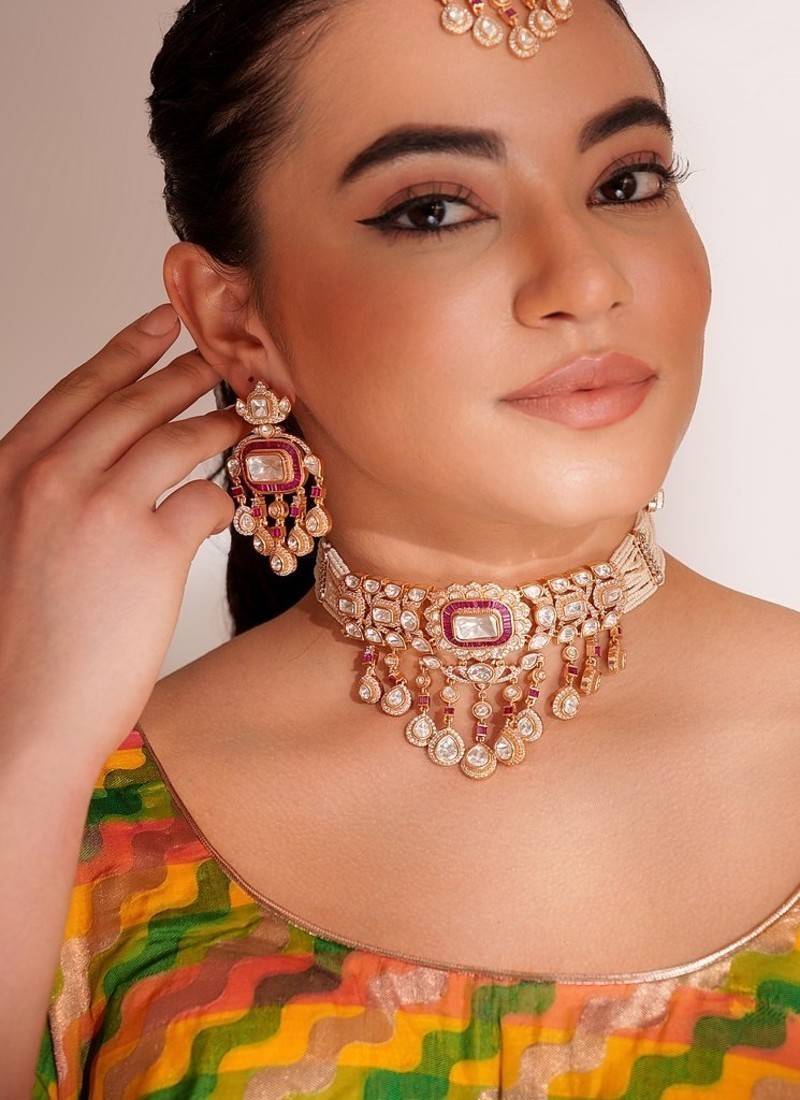 Gold plated red stone kundan necklace set