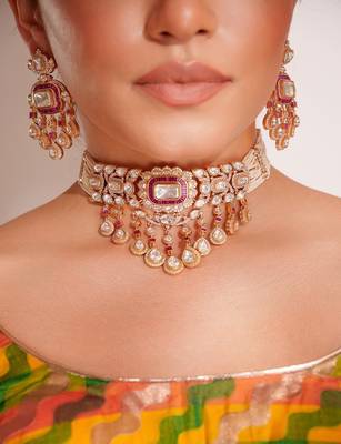 Gold plated red stone kundan necklace set 3