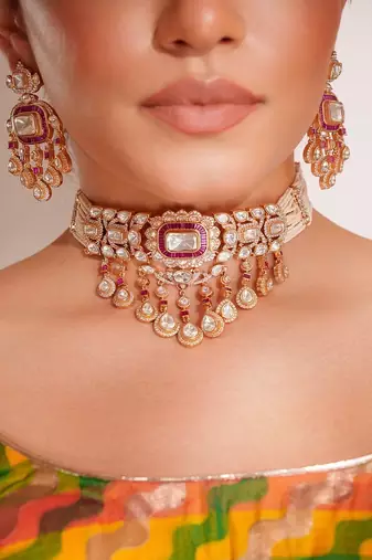 Gold plated red stone kundan necklace set