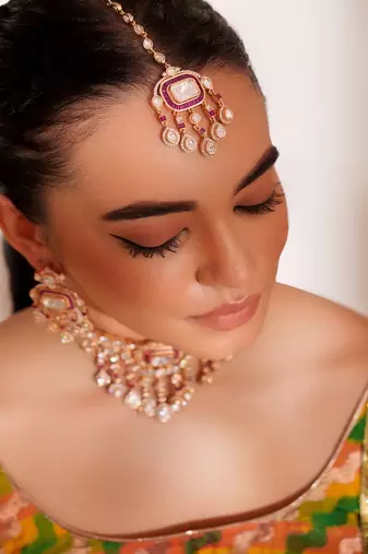Gold plated red stone kundan necklace set