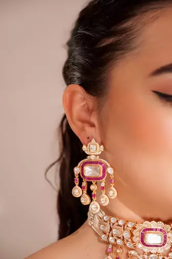 Gold plated red stone kundan necklace set