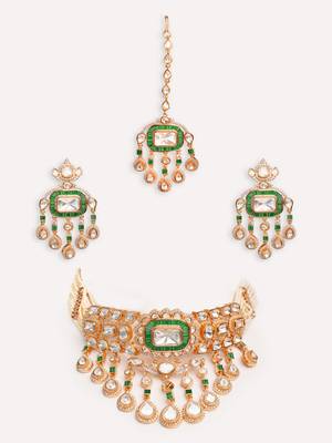 Gold plated green stone kundan necklace set 2