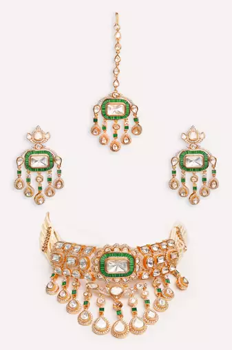 Gold plated green stone kundan necklace set