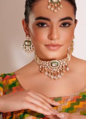 Gold plated green stone kundan necklace set 3
