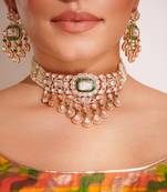 Gold plated green stone kundan necklace set