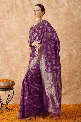 wine banarasi art silk saree with bold weaving work 