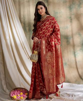 women's red banarasi art silk saree with fine weaving design  1