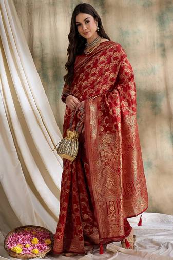 women's red banarasi art silk saree with fine weaving design 