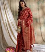 women's red banarasi art silk saree with fine weaving design 