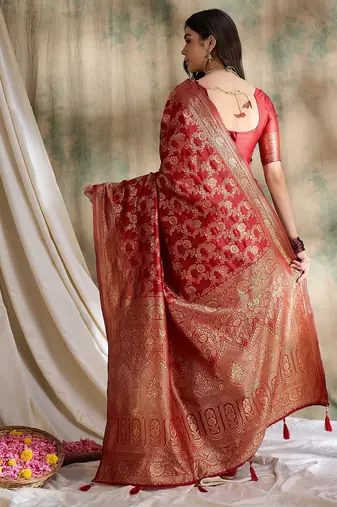 women's red banarasi art silk saree with fine weaving design 
