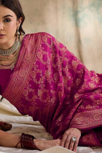 pink banarasi art silk saree with classic weaving work 