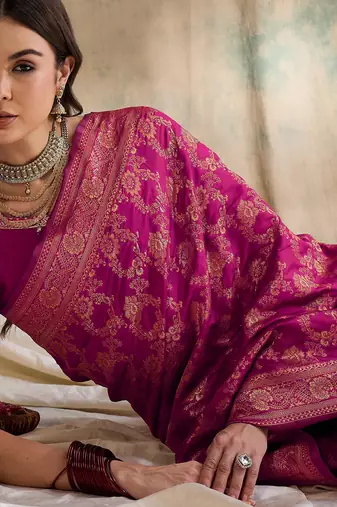 pink banarasi art silk saree with classic weaving work 