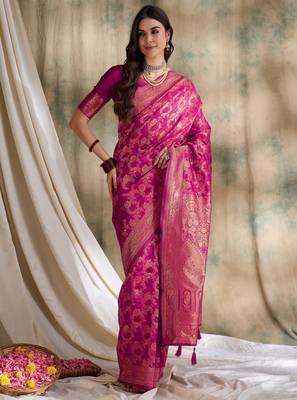 pink banarasi art silk saree with classic weaving work  2