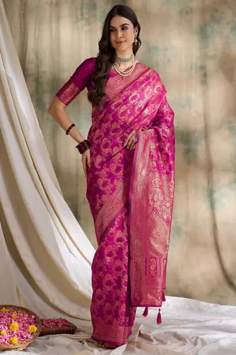 pink banarasi art silk saree with classic weaving work 