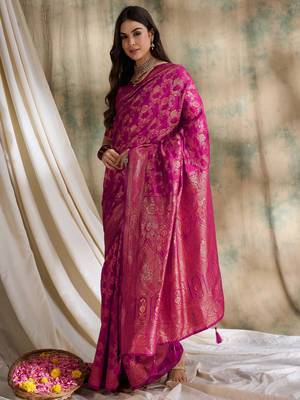 pink banarasi art silk saree with classic weaving work  3
