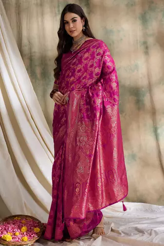 pink banarasi art silk saree with classic weaving work 