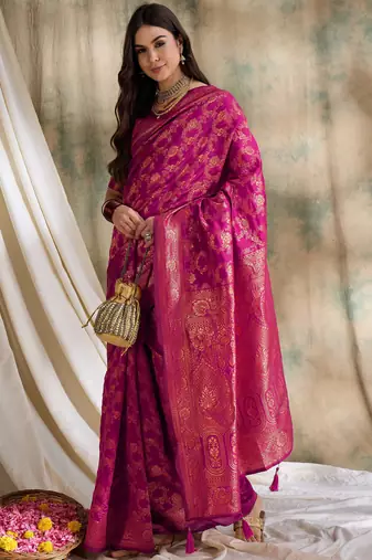 pink banarasi art silk saree with classic weaving work 