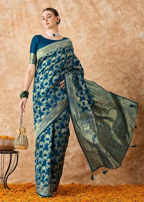 teal blue banarasi art silk saree with elegant weaving  1