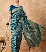 teal blue banarasi art silk saree with elegant weaving 