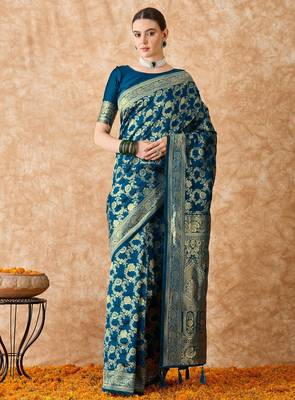 teal blue banarasi art silk saree with elegant weaving  2