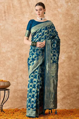 teal blue banarasi art silk saree with elegant weaving 