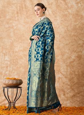 teal blue banarasi art silk saree with elegant weaving  3