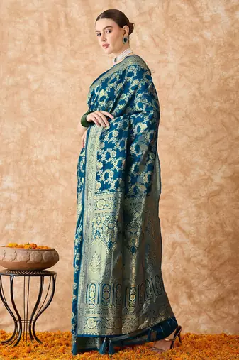 teal blue banarasi art silk saree with elegant weaving 