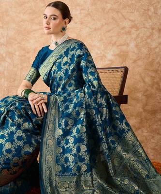 teal blue banarasi art silk saree with elegant weaving  4